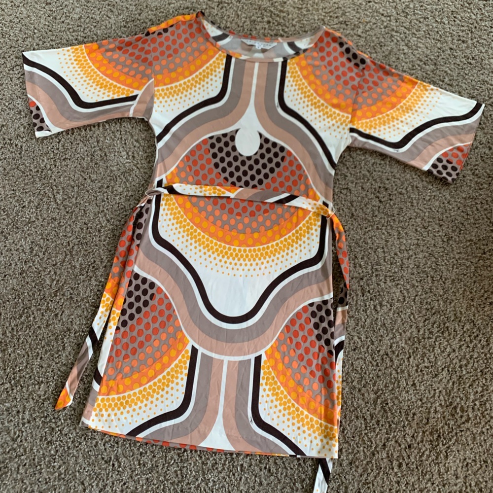 Trina Turk Silk Dress Women 2 Geometric Mod Print Keyhole Sheath Tie Waist - Picture 4 of 13